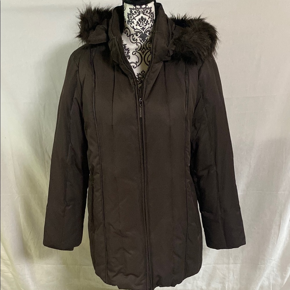 Women's Quilted Puffer Chocolate Brown Coat removable Hood with Faux Fur Trim XL